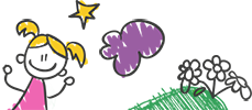 Dessin enfantin d'une petite fille, d'une étoile, d'un nuage mauve et de trois fleurs blanches