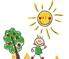 Dessin enfantin d'un soleil et d'un enfant à côté d'un arbre e