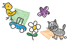 Dessin d'un enfant de fleurs, d'un chat, d'un poussin et d'une voiture bleue